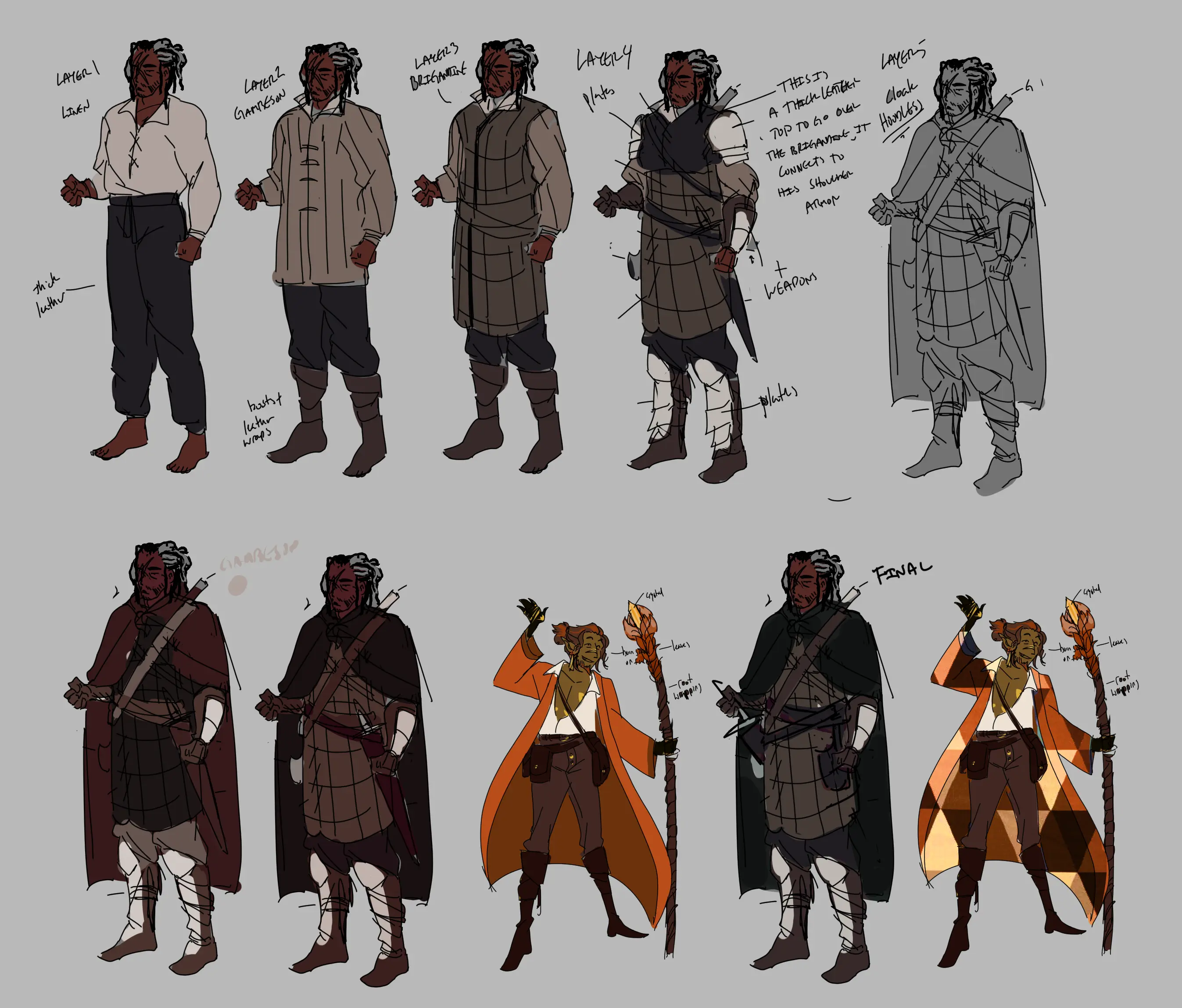 Arnou's outfit layering and comparison to Gaius, his in-story companion.